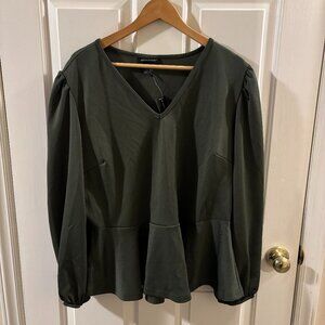 Ashley Stewart Women's V-Neck Dark Green Peplum Top w/ Puff Sleeves 22/24 ~ NWT